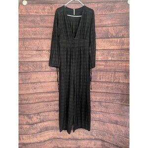 Free People True Lovin Jumpsuit Long Sleeve Linen Wide Leg Black V-Neck Small
